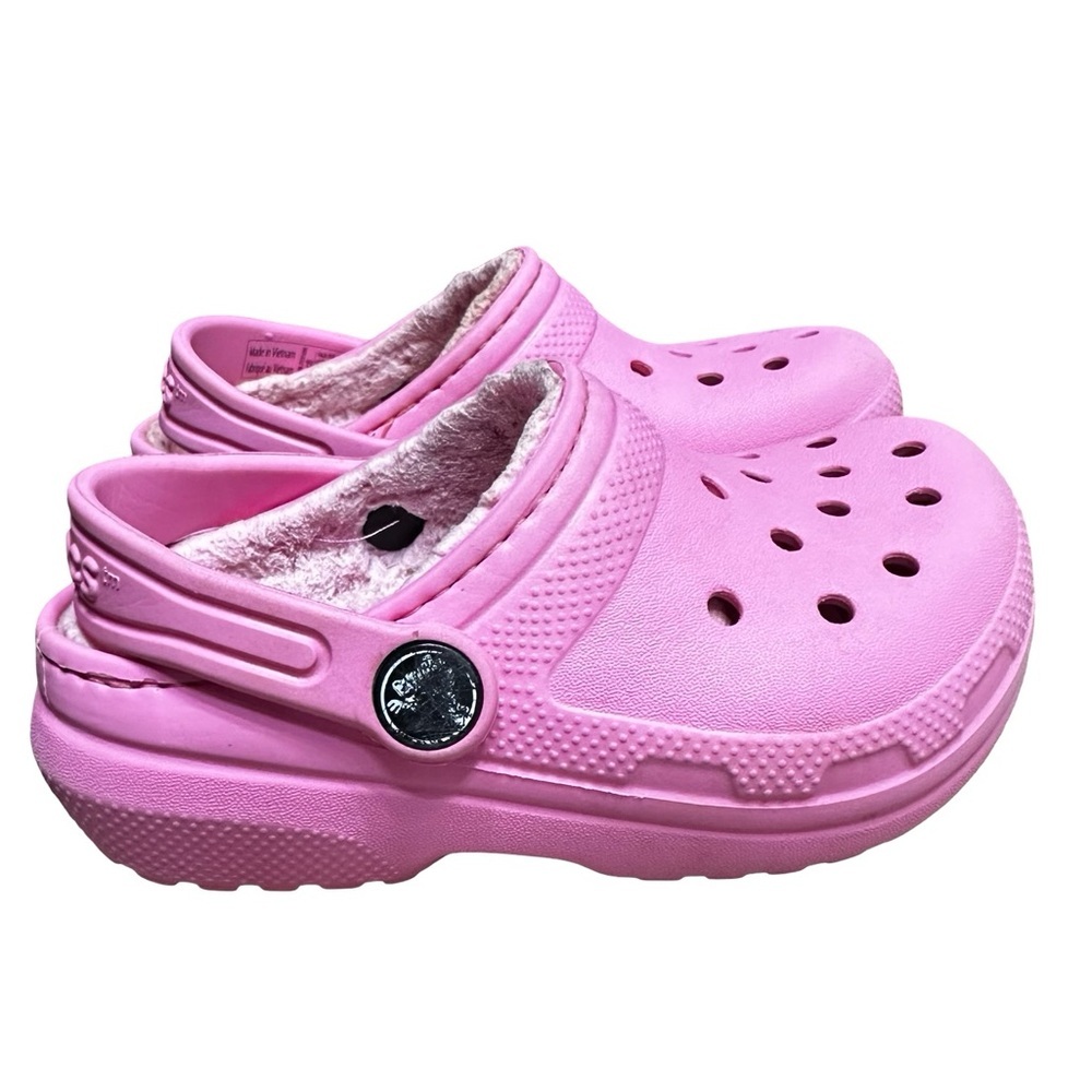 CROCS Pink Classic Clogs Lined Size 8 Toddler Cozy Slip On Fuzzy Warm Winter